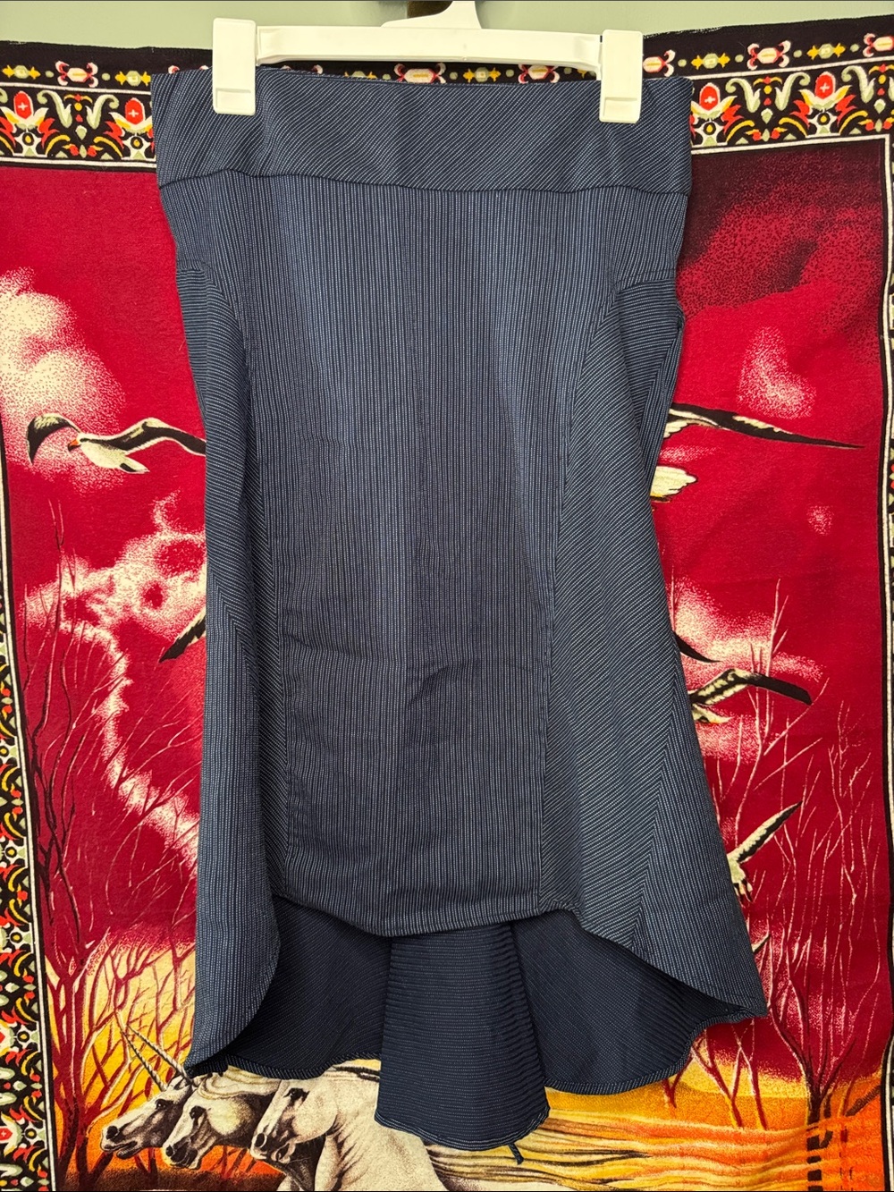 3B Pinstripe High-Low Midi Skirt Peplum Hem Ruched Back Made in USA